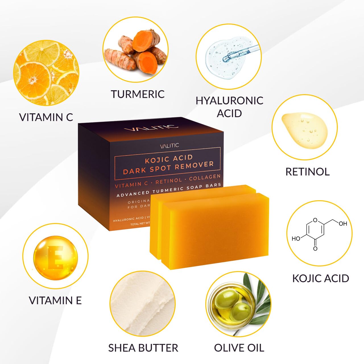 White Smoke VALITIC Kojic Acid Dark Spot Remover Soap Bars with Vitamin C, Retinol, Collagen, Turmeric - Original Japanese Complex Infused with Hyaluronic Acid, Vitamin E, Shea Butter, Castile Olive Oil (2 Pack)