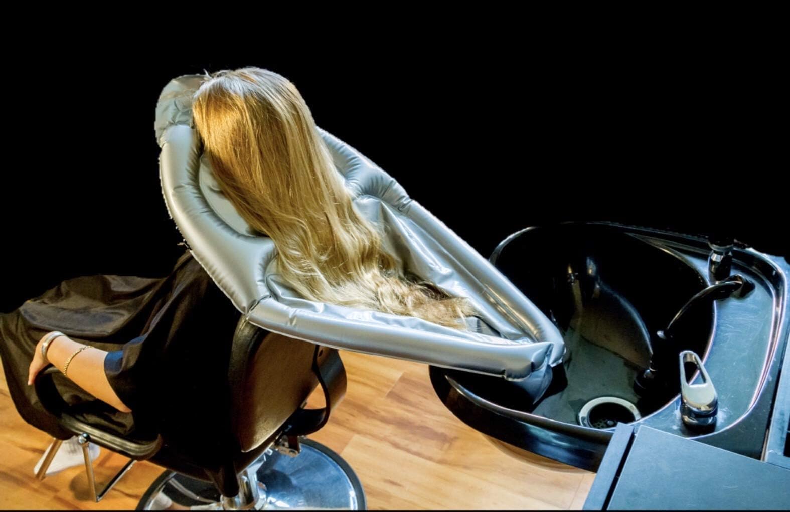 Black Inflatable Hair Washing Funnel for Shampooing Hair in Any Chair and Basin. Portable Tray Device to Use at Home, in Salon, Nursing Home or Hospital Cape to Help Keep Clothes Dry Pump Included!