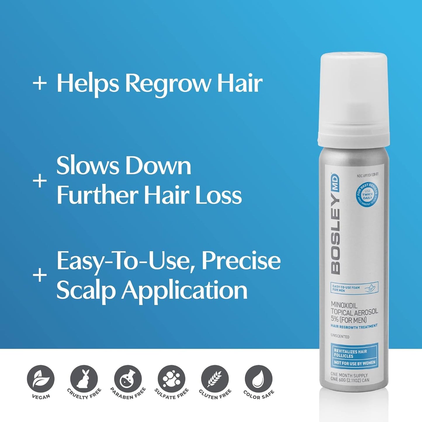 Steel Blue BosleyMD Minoxidil Foam, Extra Strength Thinning Treatment for Hair Loss and Hair Regrowth for Men, Women 5% Topical Solution, Foam/Mousse, 1-month supply, 2 oz.