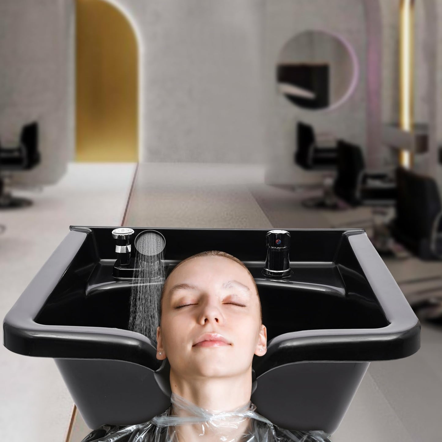 Dark Gray Professional Salon Shampoo Bowl, Wall Mounted Shampoo Sink, Salon and Barber Equipment Black Deep ABS Backwash Sink for Hair Stylists with All Installation Hardware