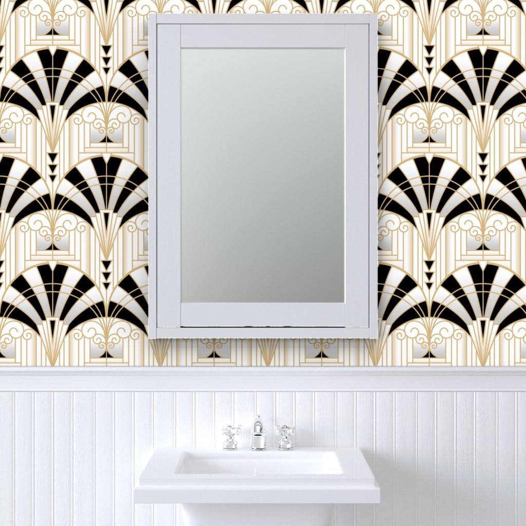 Light Gray Spoonflower Peel & Stick Wallpaper 3ft x 2ft - Art Deco Alcove Black White Gold Fan Architecture 1920s Custom Removable Wallpaper