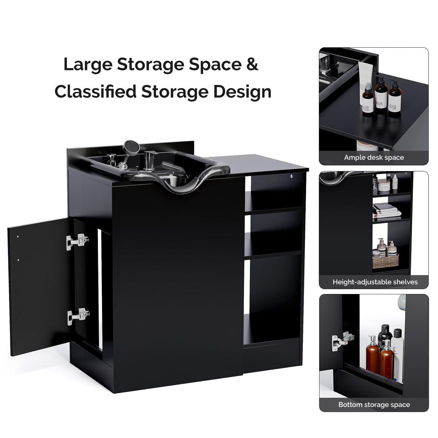 White Smoke OmySalon Salon Station, Barber Station for Hair Stylist, Storage Cabinet with Shampoo Bowl, Drawer, Backwash Sink, UPC Certified Sprayer Faucet, for Beauty Salon Spa, Black
