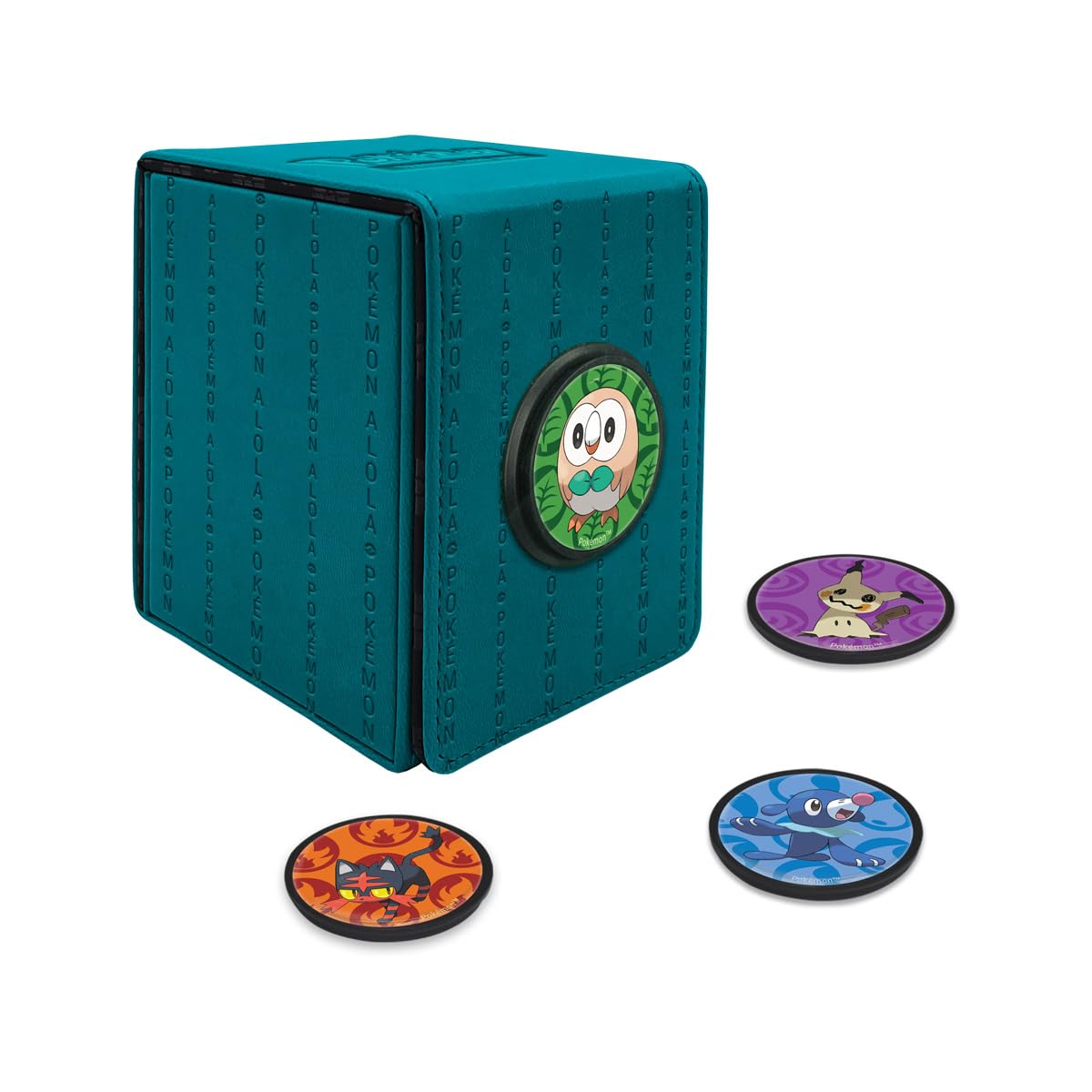 White Smoke Ultra Pro - Pokemon Alcove Click Alola: Store 100 Double-Sleeved Cards with 4 Themed Badges of Litten, Popplio, Rowlet, and Mimikyu. Customize with 1.5 in. Diameter Badges for a Unique Touch