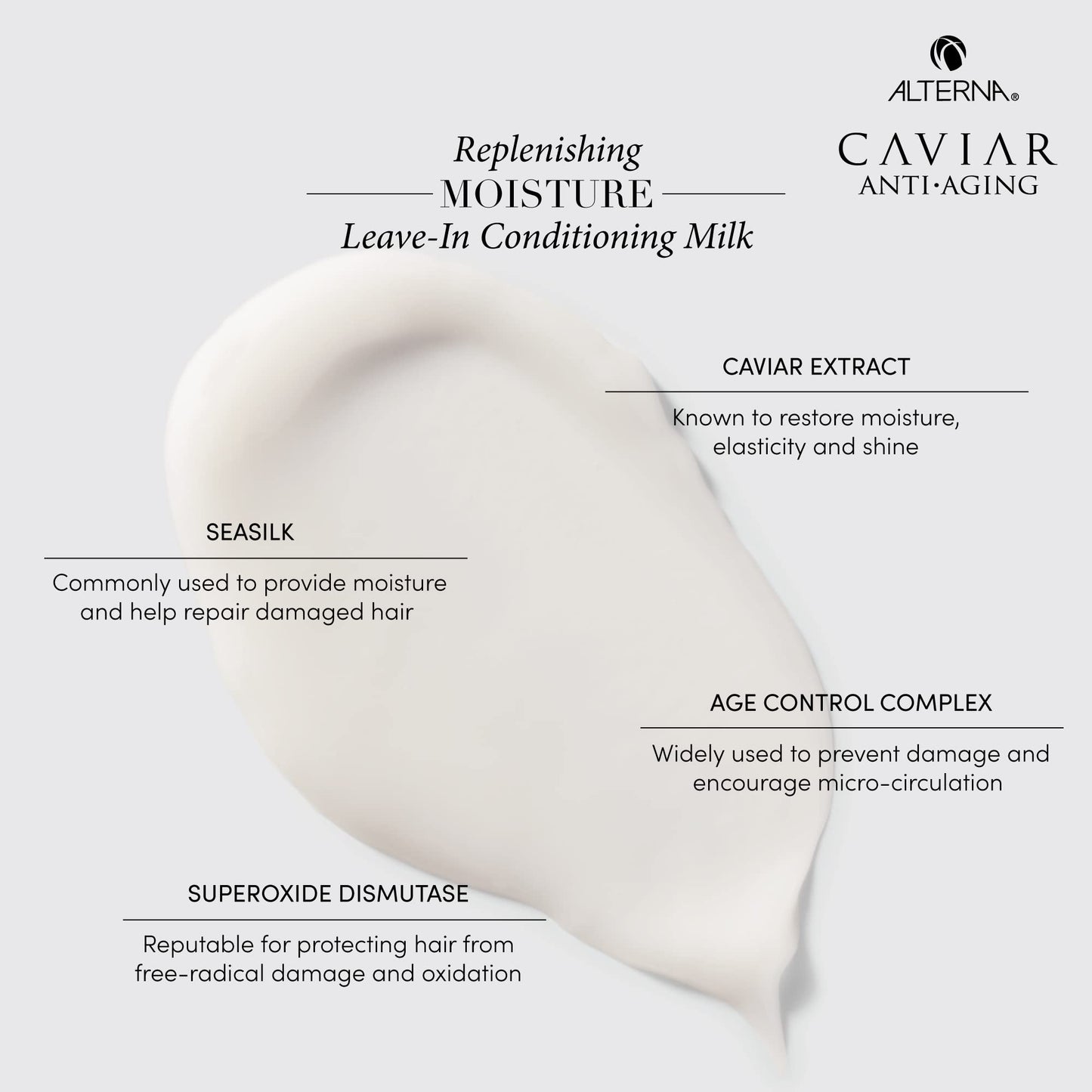 Lavender Alterna Haircare CAVIAR Anti-Aging Replenishing Moisture Leave-in Conditioning Milk, 5 Fl Oz | Detangles Dry Hair | Sulfate Free, Paraben Free