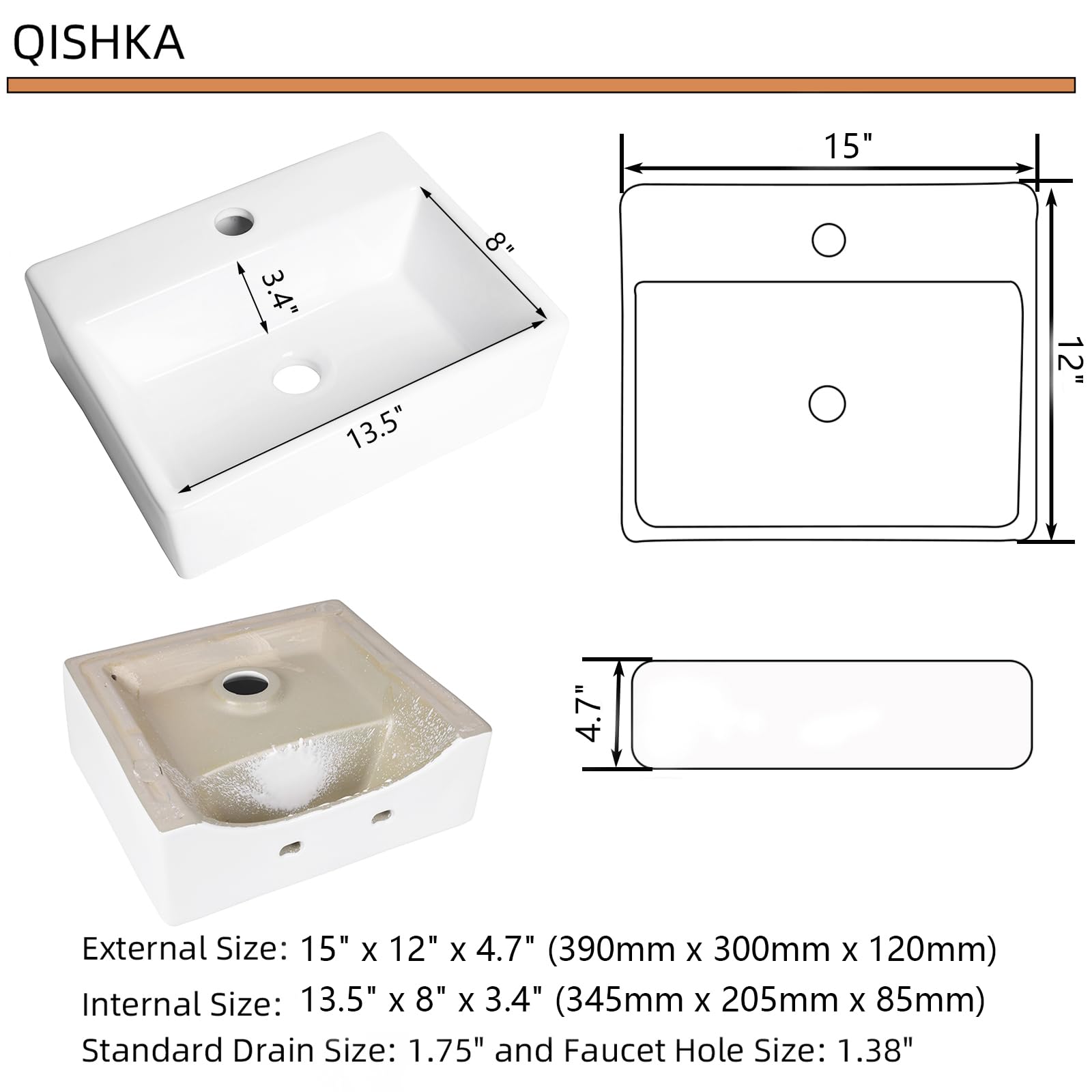White Smoke Wall Mounted Bathroom Vessel Sink, QISHKA 15" X 12" Rectangular Floating Ceramic Wash Hand Basin White Wall Hung Vanity Sink for Bathroom and Cloakroom