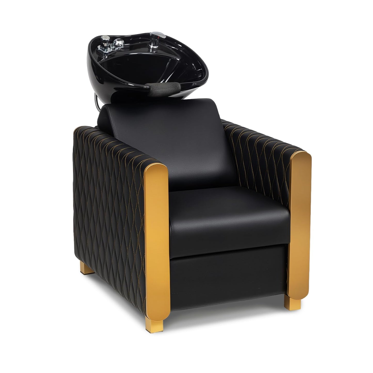 White Smoke OmySalon Shampoo Bowls for Salon, Black and Gold Shampoo Chair with Tilting Porcelain Sink, Hair Washing Station Backwash Barber Chair, Shampoo Unit for Beauty Spa Barbershop