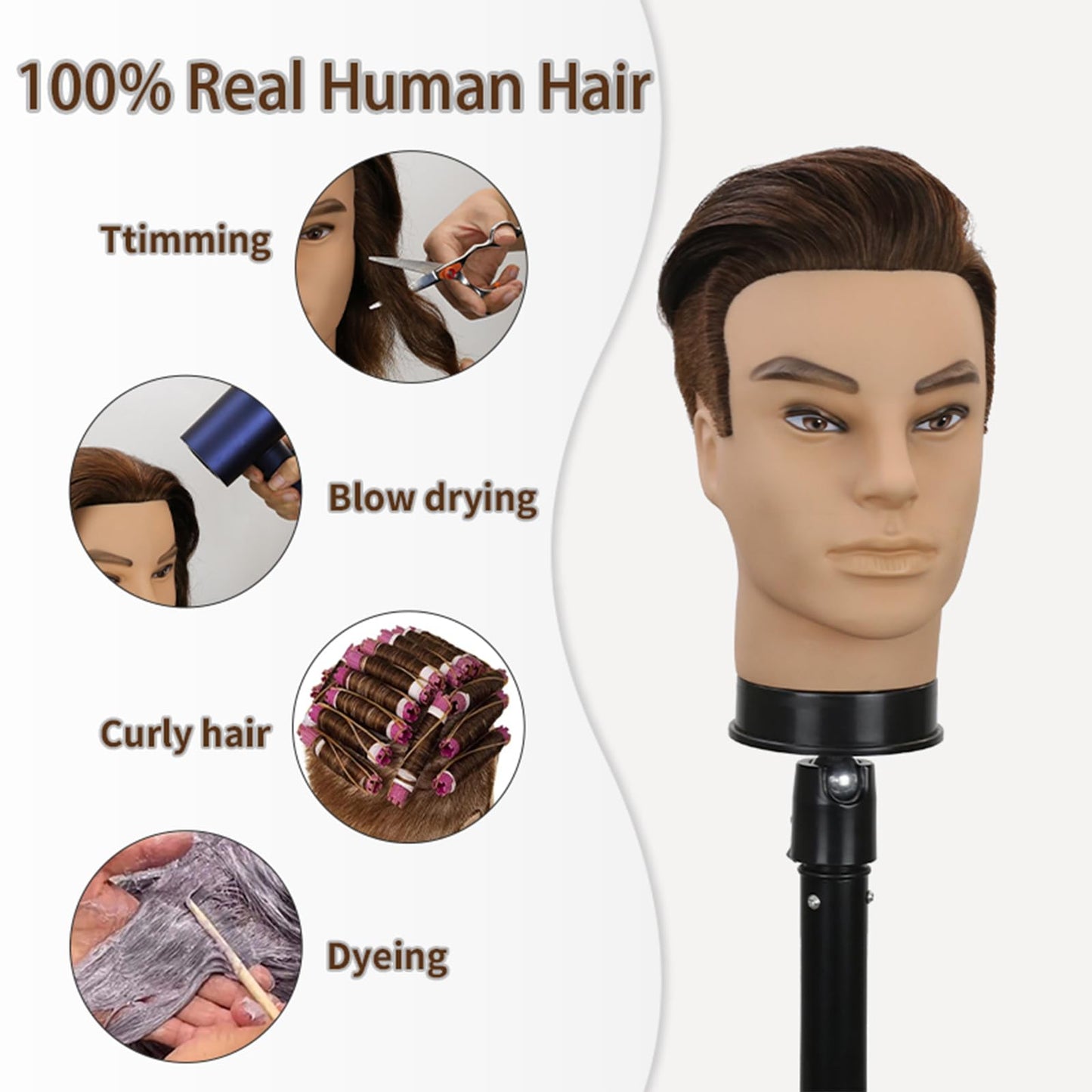 White Smoke 12" Barber Mannequin Head Male 100% Real Hair Mannequin Head with Human Hair Styling Practice Doll Head for Practicing Haircut & Hairdresser Manikin Doll Head With Free Clamp Stand(Without beard4#)
