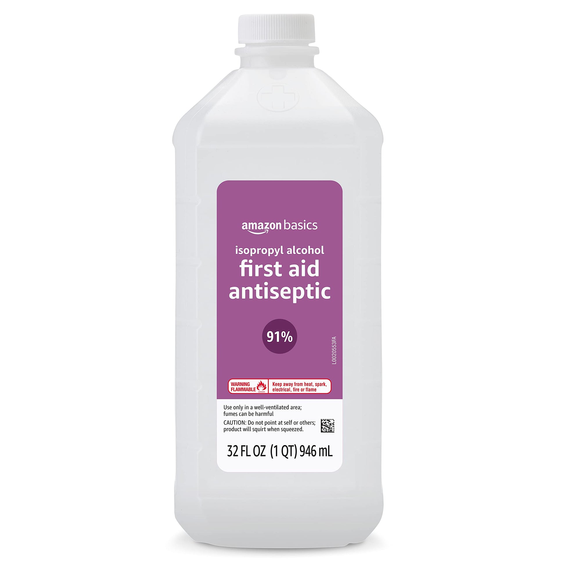 Light Gray Amazon Basics Isopropyl Alcohol 91% First Aid Antiseptic, Multipurpose Disinfectant for Minor Cuts and Scrapes, Unscented, 32 fl oz Bottle, Pack of 1 (Previously Solimo)