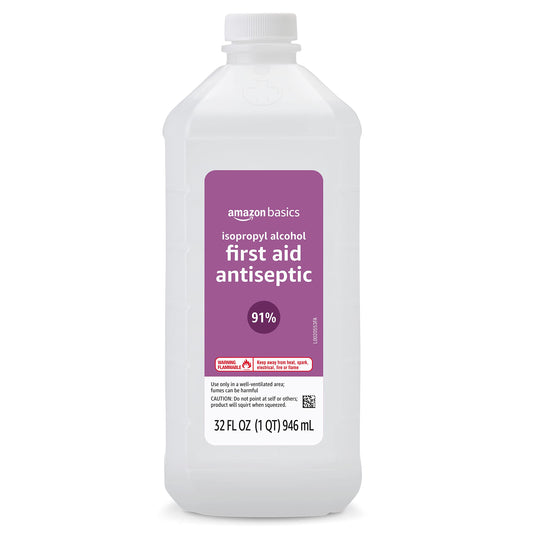 Light Gray Amazon Basics Isopropyl Alcohol 91% First Aid Antiseptic, Multipurpose Disinfectant for Minor Cuts and Scrapes, Unscented, 32 fl oz Bottle, Pack of 1 (Previously Solimo)
