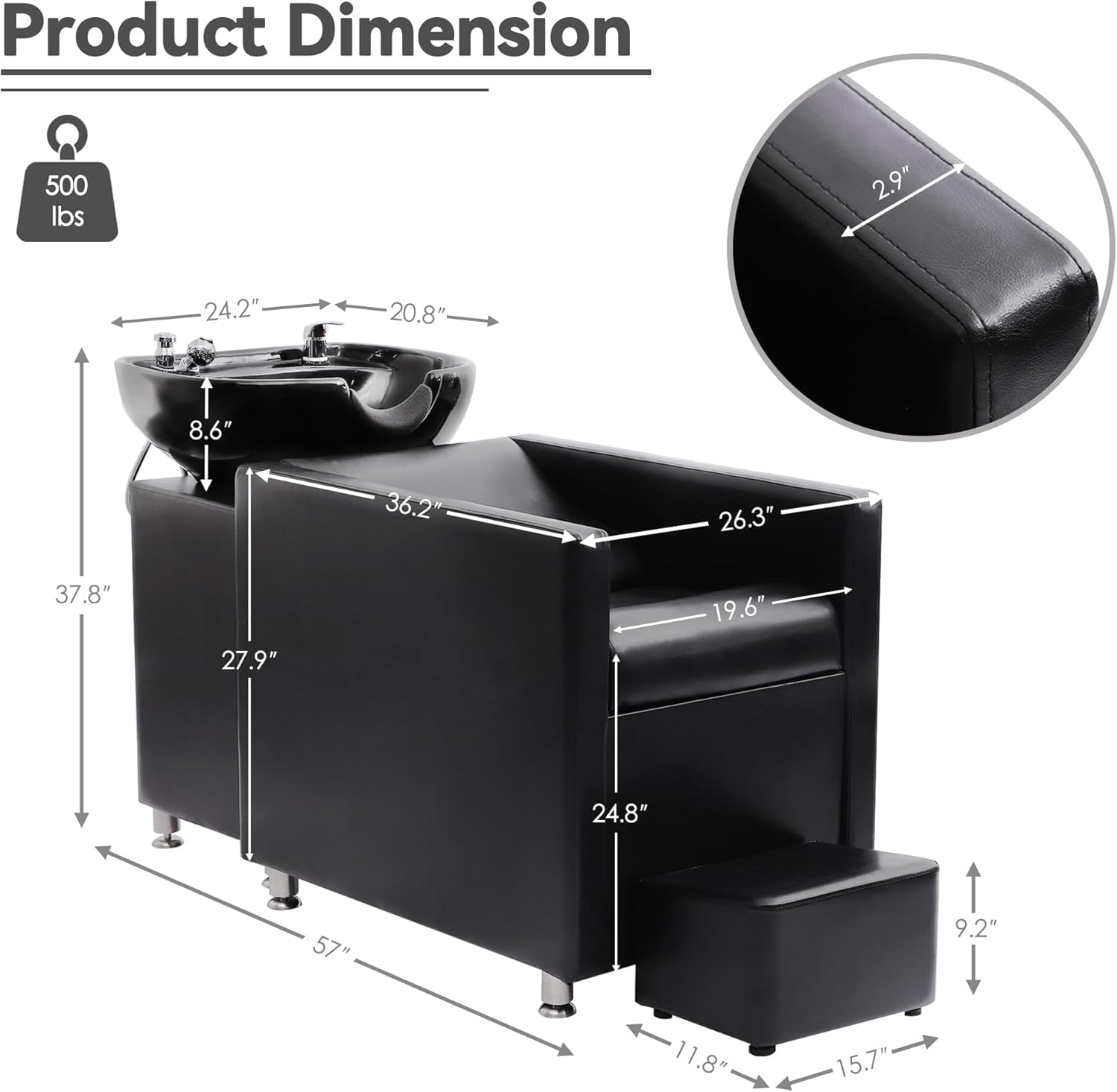 White Smoke Shampoo Stations for Salon, Backwash Chair with Ceramic Bowl, Backwash Shampoo Unit with Foot Pedal, Sink Chair Station, Hair Washing Station for Barbershop (Black)