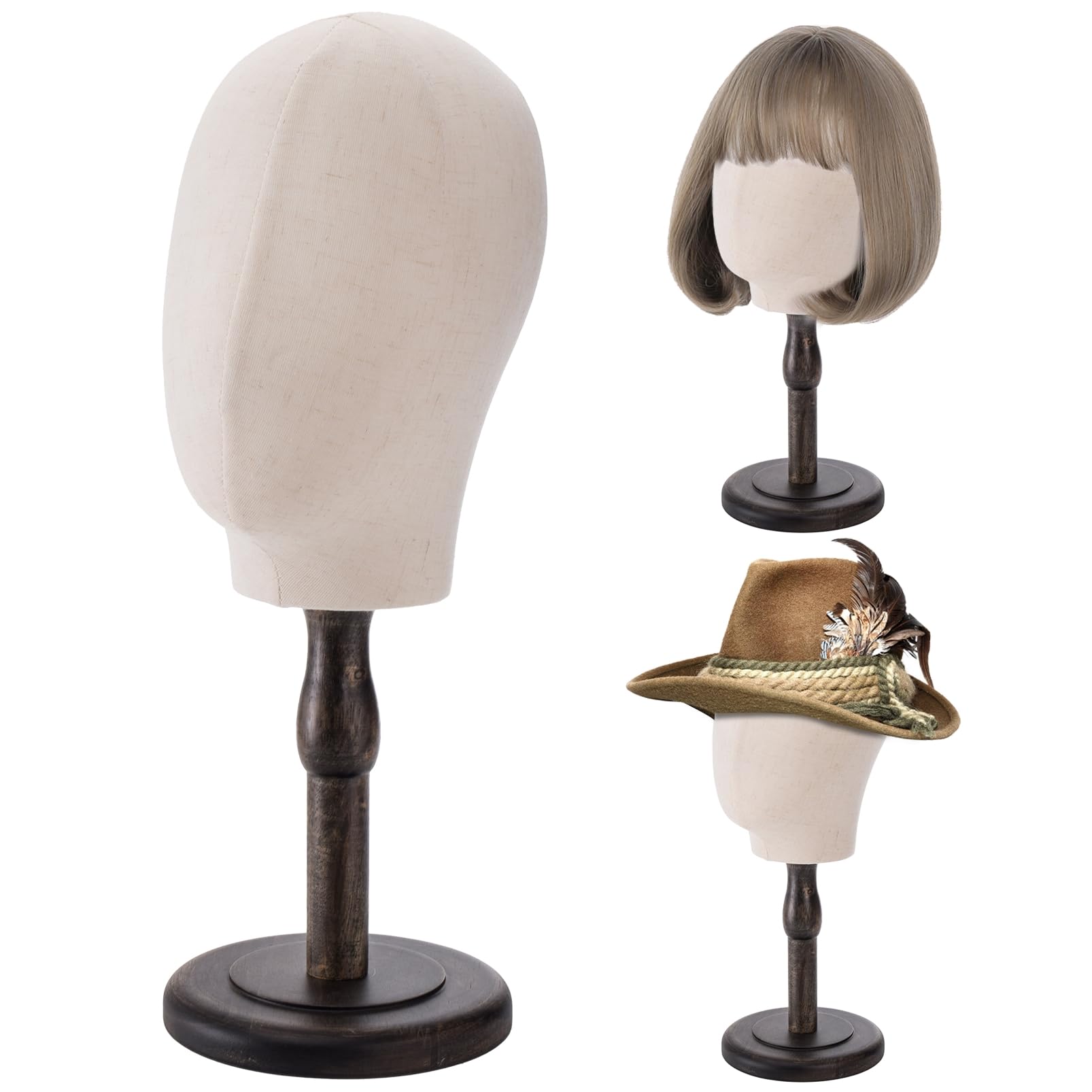 White Smoke Peohud 21 Inch Mannequin Head, Canvas Wig Stand with Head, Linen Dome Model Head with Detachable Wood Stand for Hats, Caps, Headdress, Wig Making, Headband Display