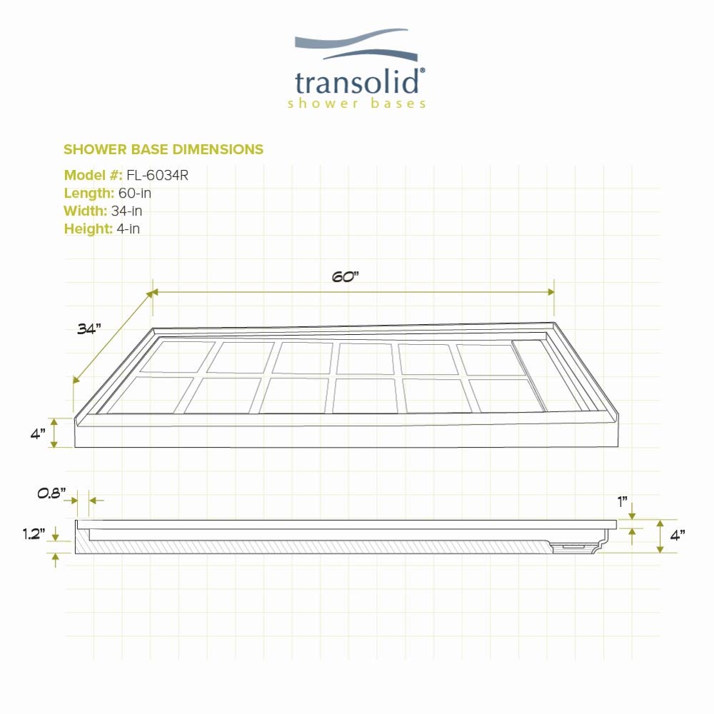 White Smoke Transolid FL6034R-39 Linear 60-in W x 34-in L Rectangular Alcove Concealed End Drain Shower Base with Right Hand Drain, Grey