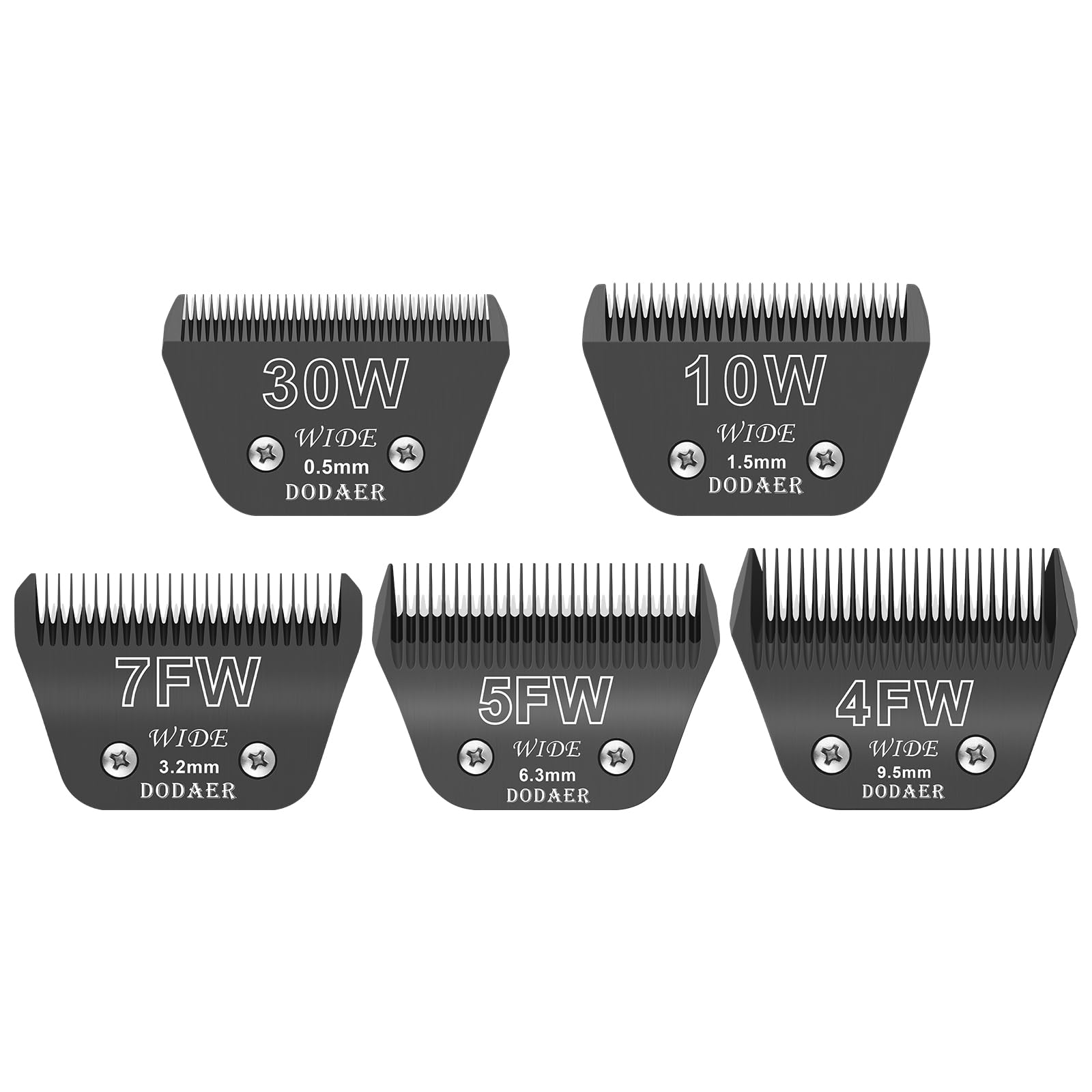 White Smoke DODAER 30W+10W+7FW+5FW+4FW Wide Blades for Dog Grooming,Compatible with Andis,Oster A5,Wahl km10 Clippers,Cutting Length 1/50" to 3/8",5 Pack(Black)