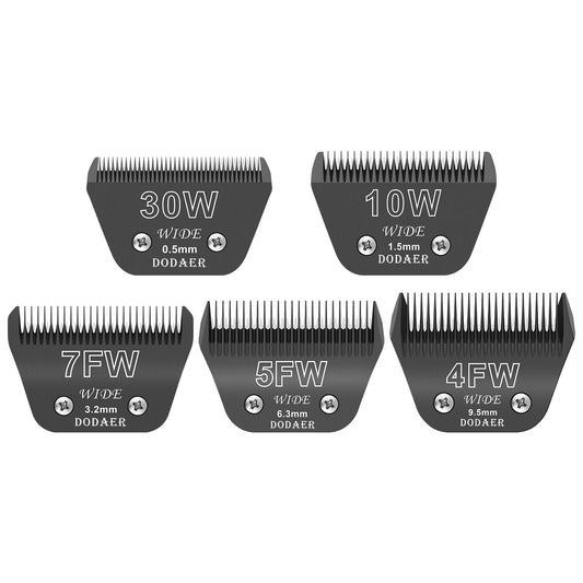 White Smoke DODAER 30W+10W+7FW+5FW+4FW Wide Blades for Dog Grooming,Compatible with Andis,Oster A5,Wahl km10 Clippers,Cutting Length 1/50" to 3/8",5 Pack(Black)