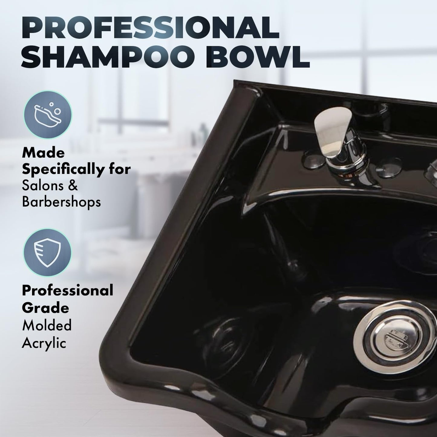 Black Buy-Rite Deep Acrylic Shampoo Bowl for Professional Salons & Barber Shops - Black Backwash Sink w/Hardware, Spray Hose, Drain & Hair Trap - 18.75" x 19.25" x 9.5", OD-31505