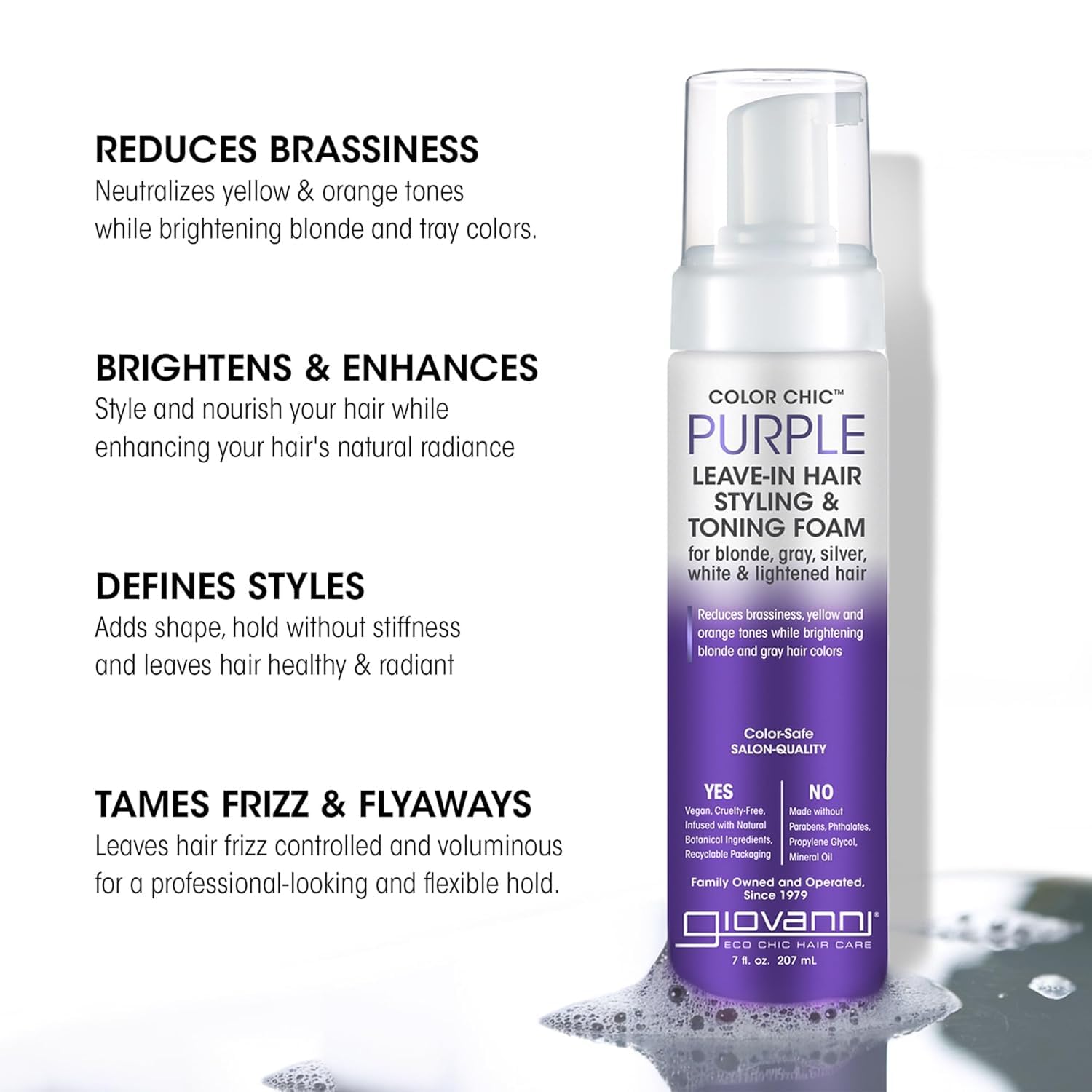 White Smoke GIOVANNI Color Chic Purple Leave-In Hair Styling & Toning Foam - Purple Foam for Blonde, Gray, Brassy, Fine Hair, Gives Volume & Shine for Women & Men - 7 fl oz (Pack of 1)