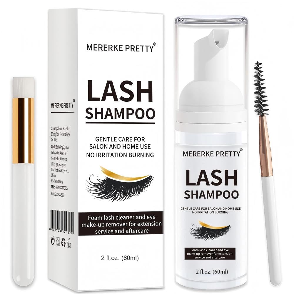 White Smoke Mererke_Pretty Eyelash Extension Shampoo 60 ml + Brush - Eyelid Foaming Cleanser - Sensitive Paraben & Sulfate Free - Eyelash Wash and Lash Bath for Extensions - Salon Use and Home Care