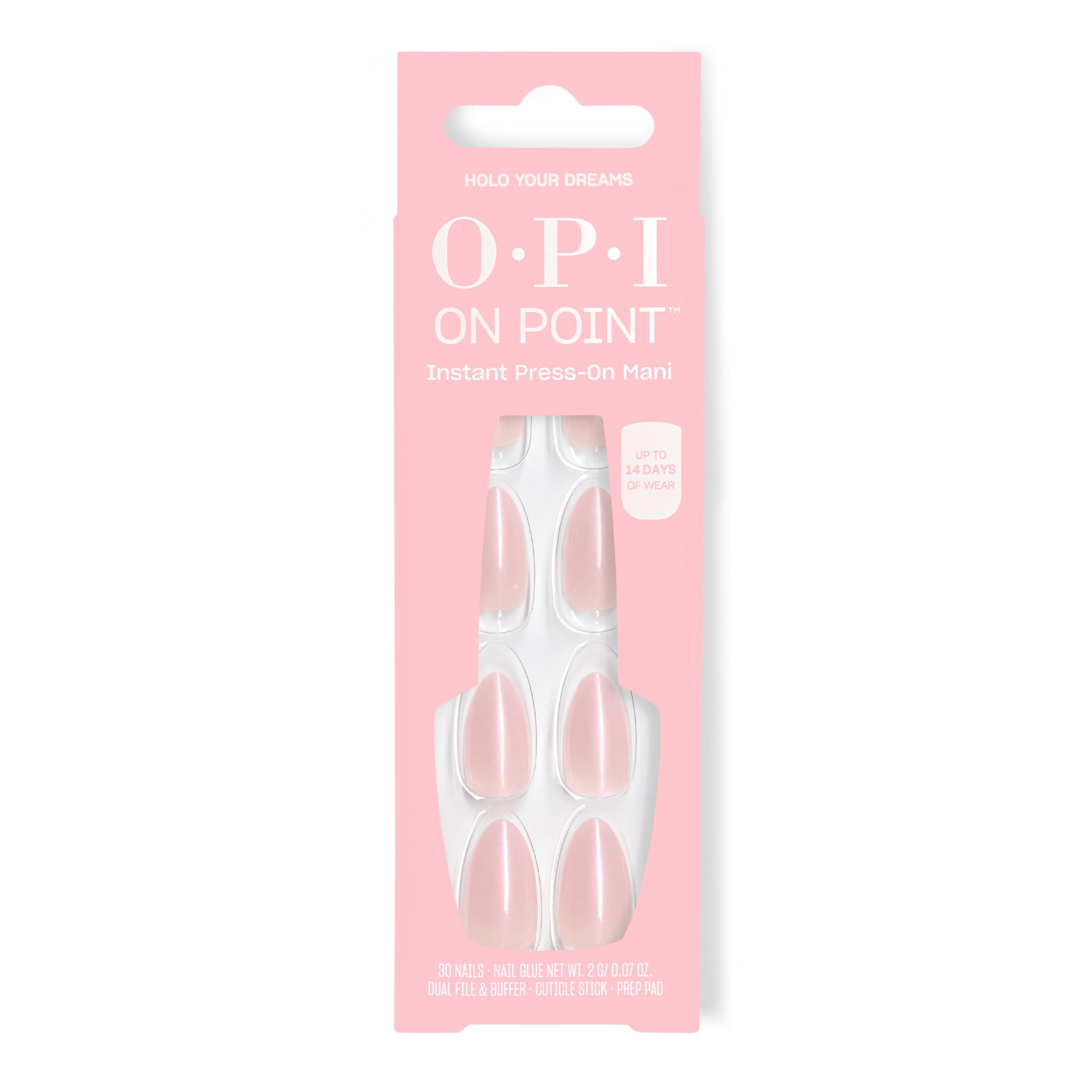 Pink OPI On Point Holo Your Dreams | Short Almond Opaque Neutral Holographic Press On Nails | 30 Count with Glue | Long Lasting, Reusable, Non-damaging | Spring 2026