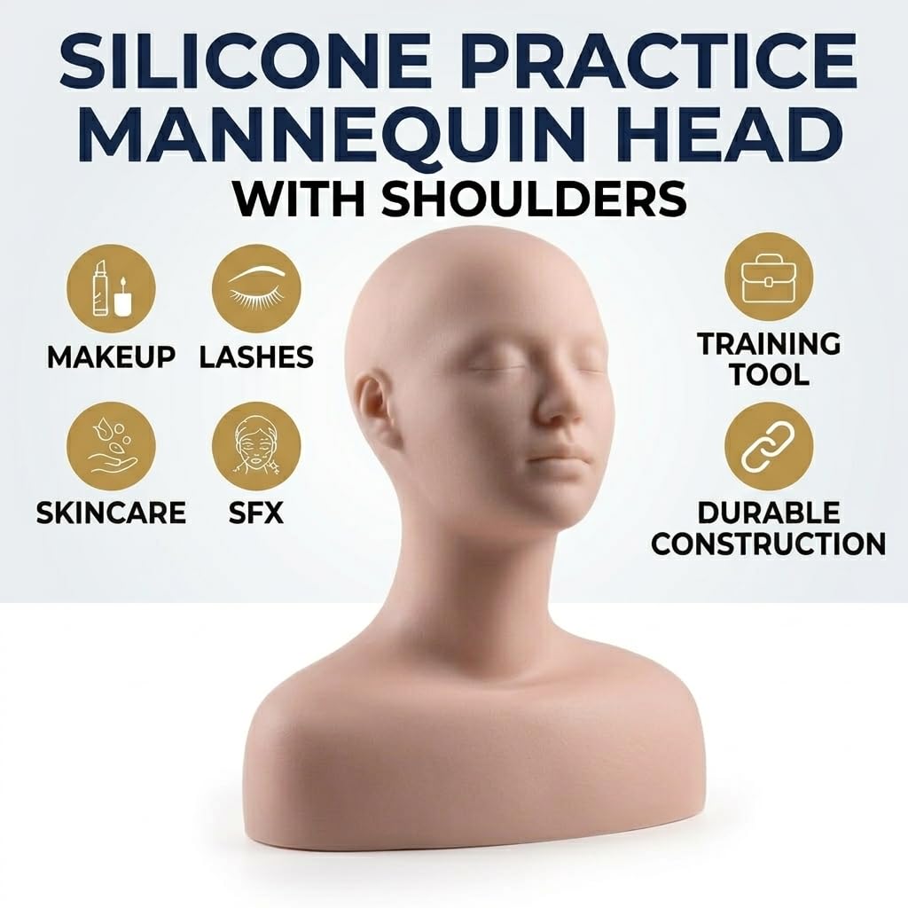 White Smoke Esthetics Mannequin Head with Shoulders - Soft Makeup Practice Head Silicone PVC Cosmetology Students Tool for Wigs Hat Display,Facials Massage,Eyelashes Training,Boards,Face Paint Practicing
