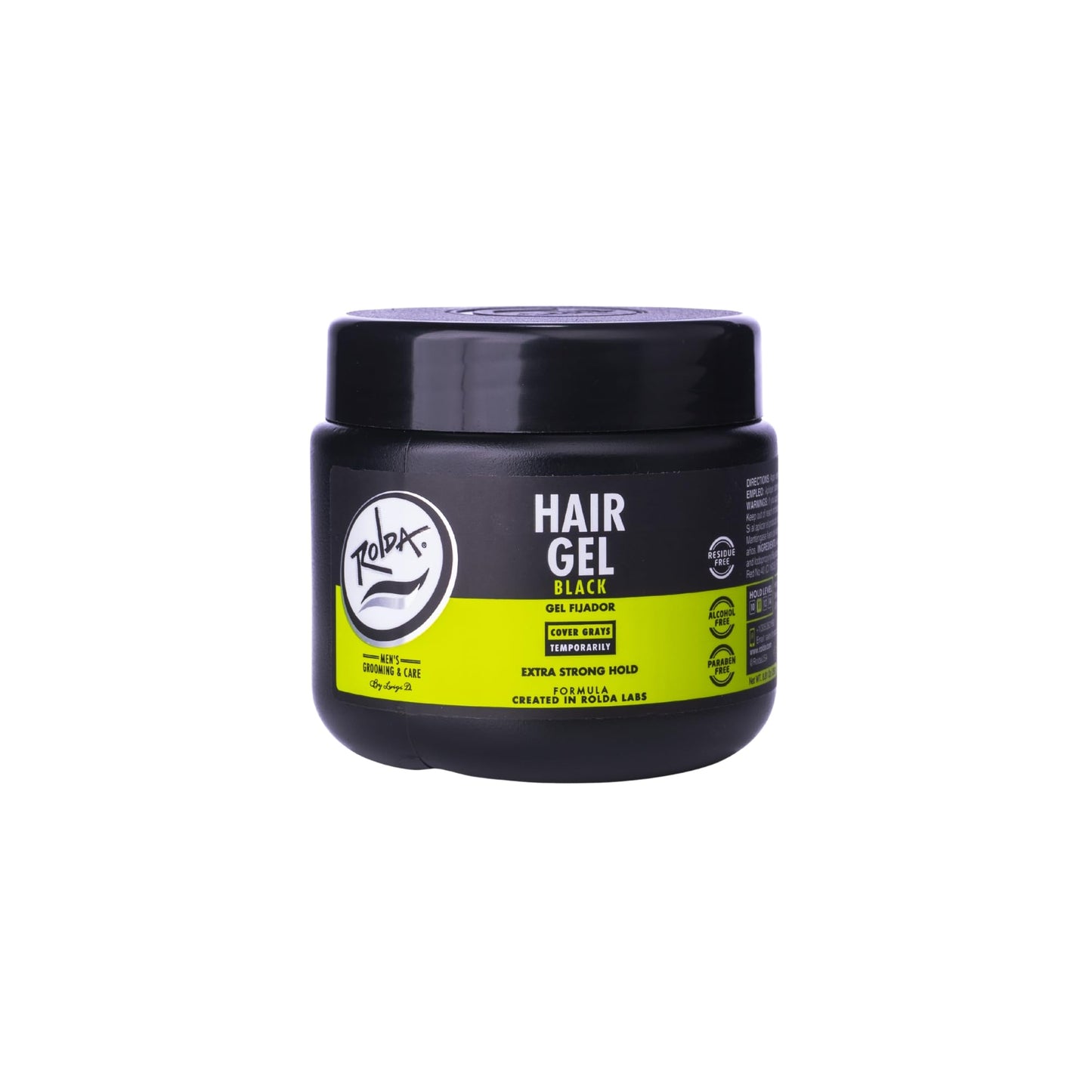 Black Rolda Black Hair Gel for Men - Medium Hold Styling Gel with Activated Charcoal for Wet Look - Covers Grays & Enhances Black Hair - Flake + Alcohol Free (8.81 oz)