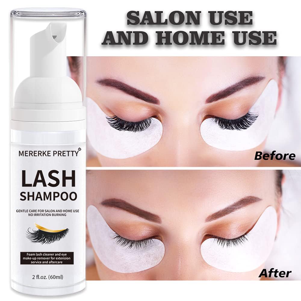 White Smoke Mererke_Pretty Eyelash Extension Shampoo 60 ml + Brush - Eyelid Foaming Cleanser - Sensitive Paraben & Sulfate Free - Eyelash Wash and Lash Bath for Extensions - Salon Use and Home Care