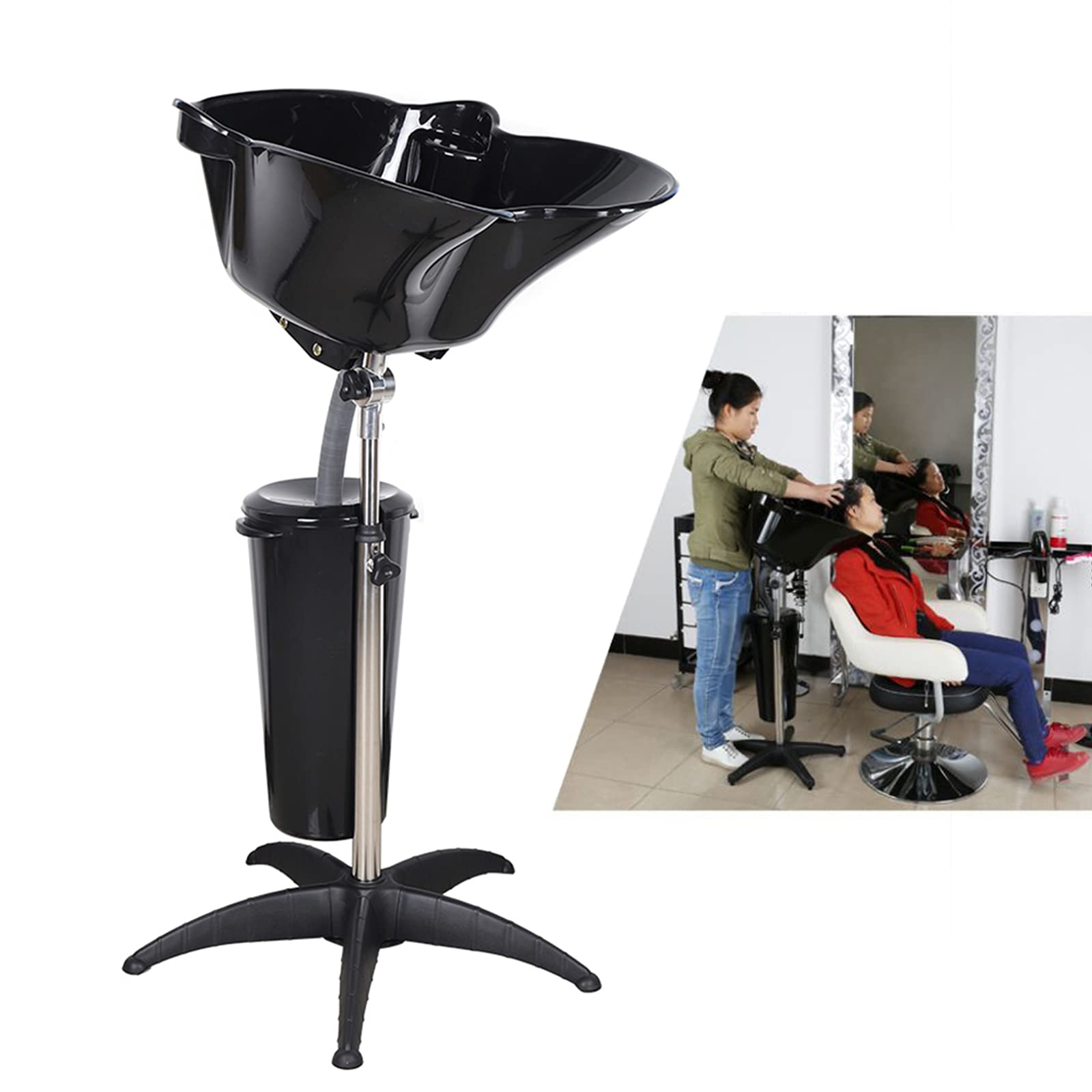 White Smoke HinLIaDa Portable Shampoo Bowl, Height-Adjustable Hair Washing Sink, Salon Deep Shampoo Basin Sink for Washing Hair, Barber Salon Spa Beauty Sink Equipment Unit with Drain Pipe and Bucket (Black)