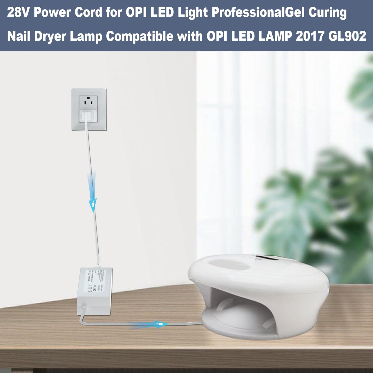 Lavender 28V Power Cord for OPI LED Light Professional Gel Curing Nail Dryer Lamp Compatible with OPI LED LAMP 2017 GL902 Dual Cure Nail Light Power Adapter Charger
