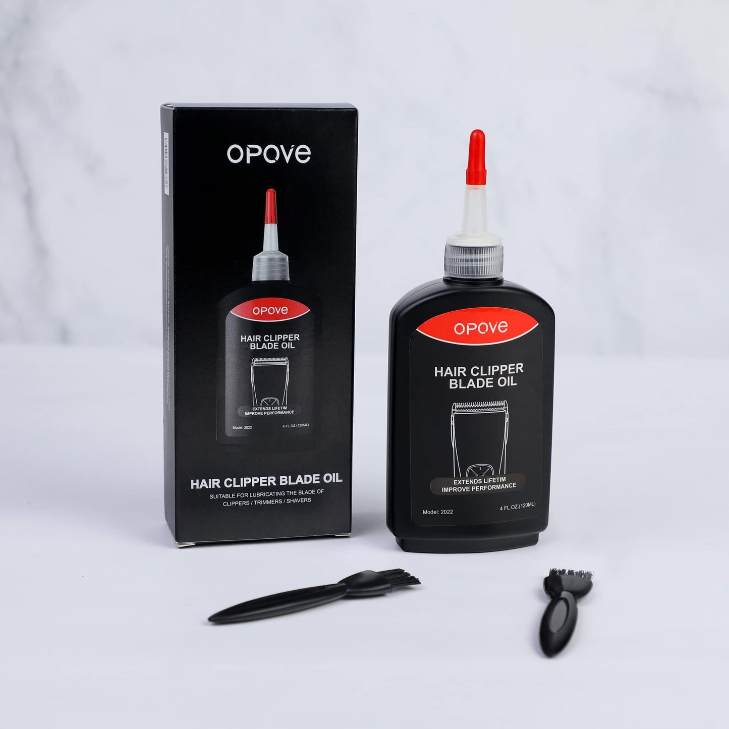 Light Gray Opove Premium Hair Clipper Blade Lubricating Oil for Clippers, Trimmers, Groomers, Rust Prevention, 4.05oz/120ml, 1 Pack with Clean Brushes