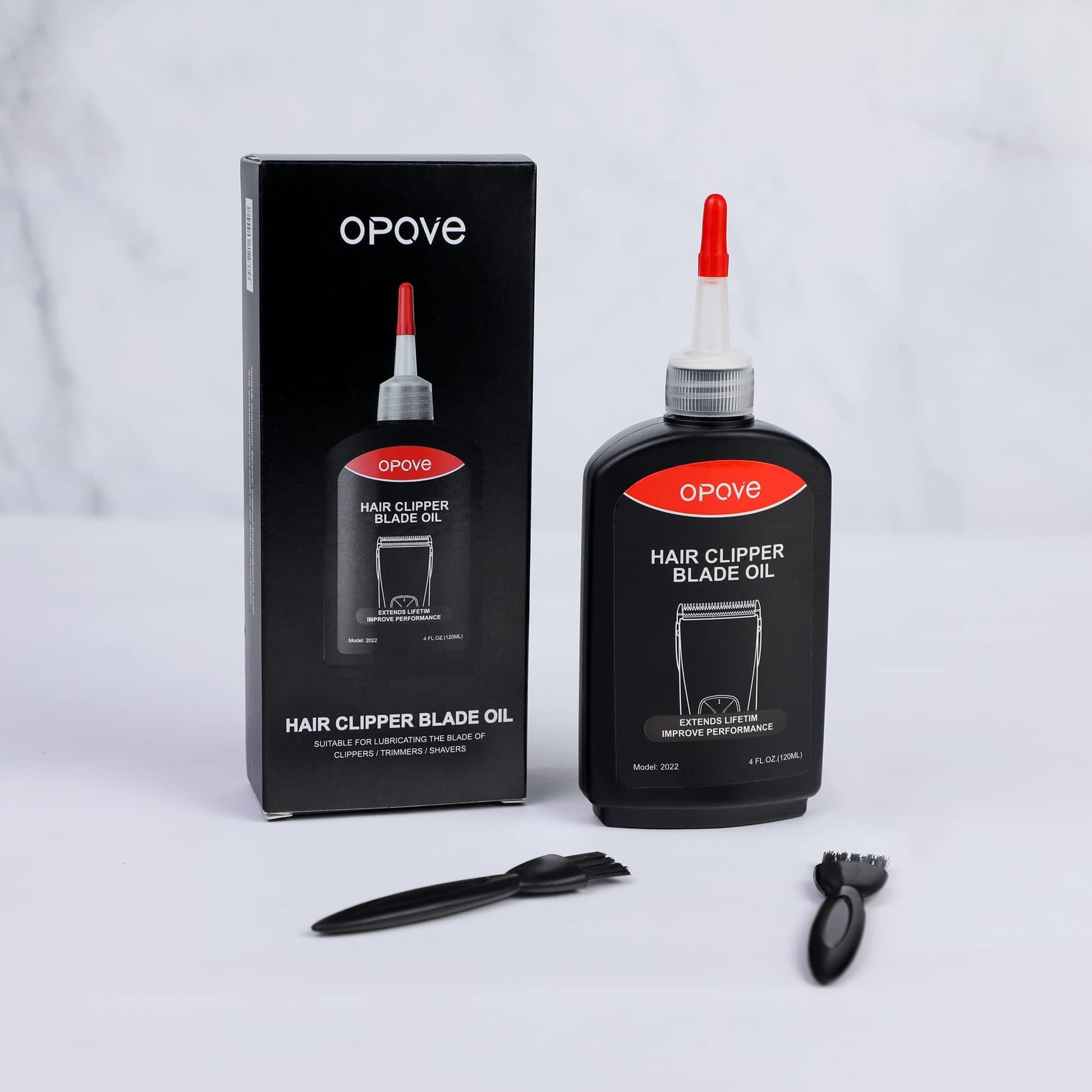 Light Gray Opove Premium Hair Clipper Blade Lubricating Oil for Clippers, Trimmers, Groomers, Rust Prevention, 4.05oz/120ml, 1 Pack with Clean Brushes