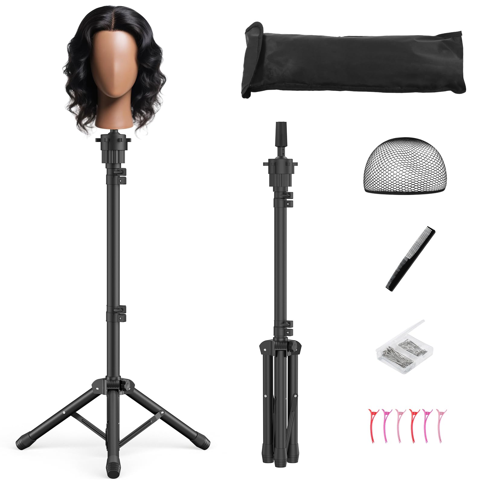 White Smoke Womnwomn Wig Stand Tripod, 50 Inch Adjustable Mannequin Head Stand, Wig Head Stand for Cosmetology, Hairdressing Training - Includes T-Pins, Comb, Hair Clips & Carrying Bag (Head Not Included)
