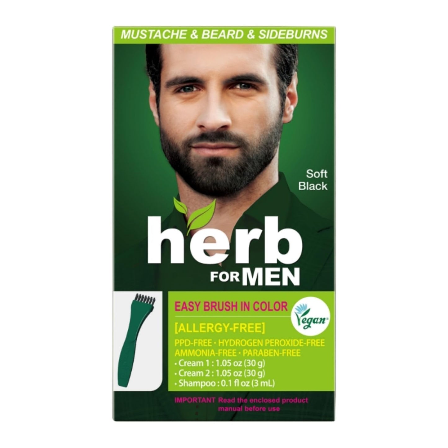 Dark Slate Gray Herb For Men Mustache & Beard Dye (Soft Black, 1 Pack), PPD-Free Ammonia-Free, Vegan with Natural Ingredients, Gentle for Sensitive Skin, No Skin Irritation