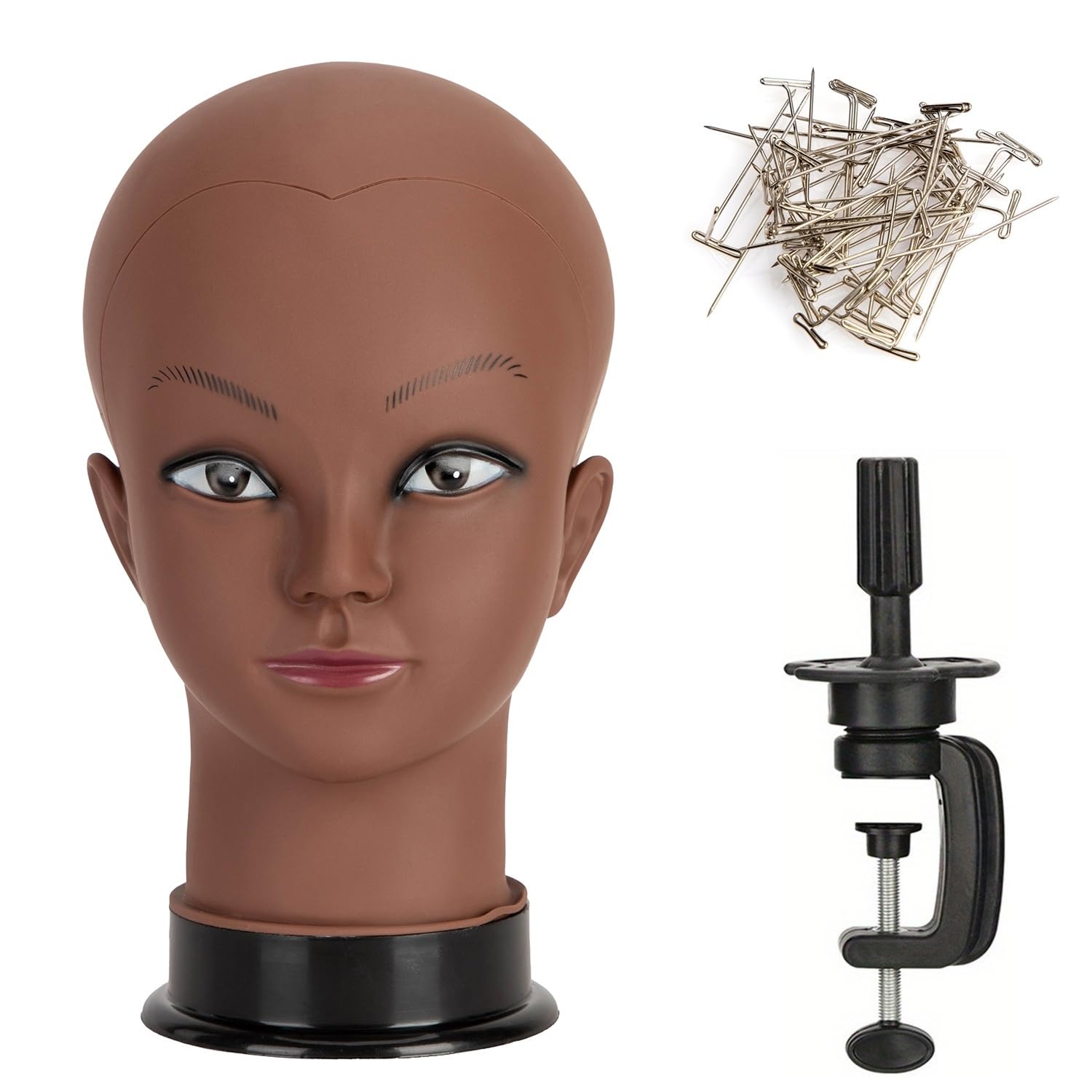 White Smoke Bald Mannequin Head Brown Female Professional Cosmetology Training Mannequin Bald for Wig Making and Display Afro American Mannequin Head with Free Clamp Stand (brown-02)