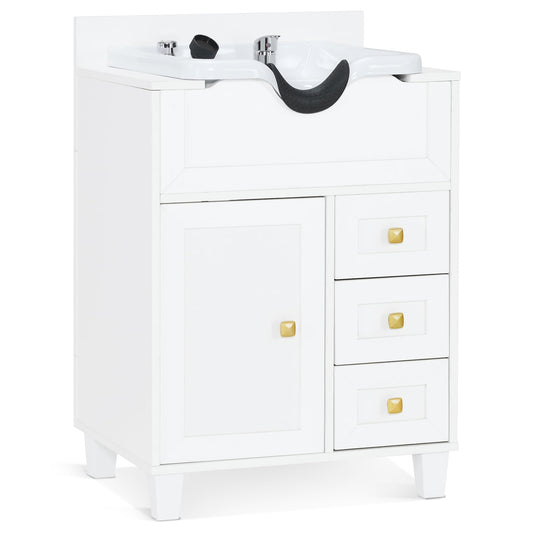 White Smoke BarberPub Barber Storage Shampoo Station, Spa Textured Embossed Cabinet with Shampoo Bowl & Drawers, Hair Salon Sink Backwash Equipment 7131 (All White)