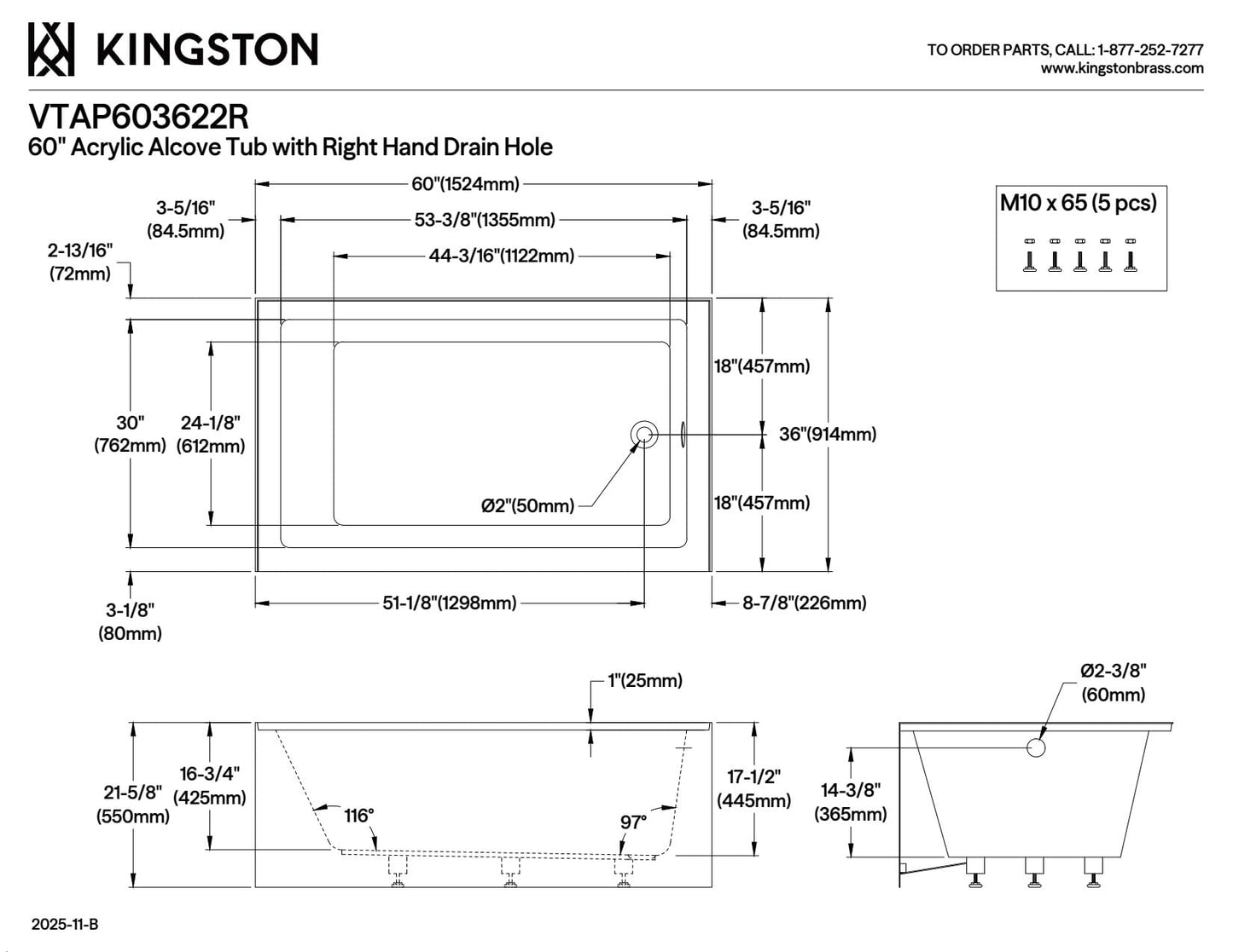 White Smoke Kingston Brass Aqua Eden VTAP603622R 60-Inch Acrylic Alcove Tub with Right Hand Drain, White