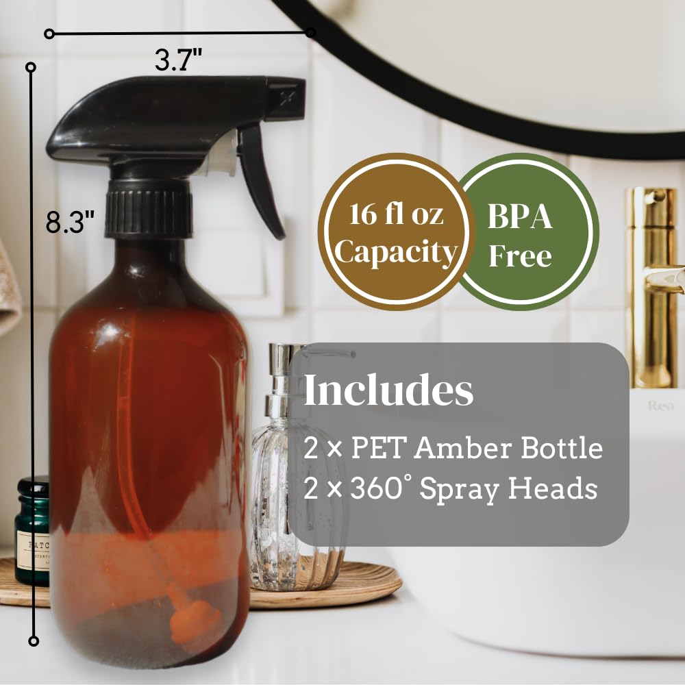 Light Gray The Green Alcove 360° Spray Bottle 16oz (2 Pack) | Upside Down Spray Bottles | All Purpose Plastic Amber Spray Bottles