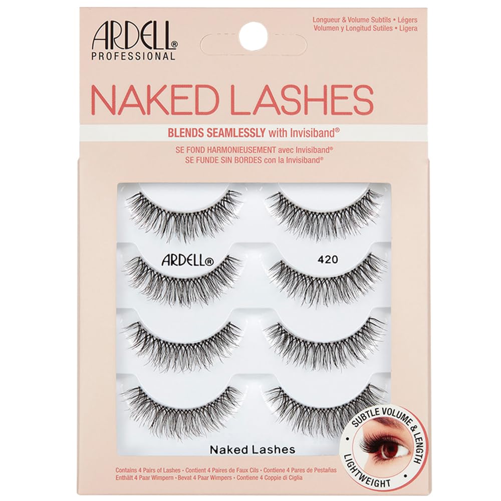 Light Gray Ardell Naked Lashes 420 – Lightweight Natural Strip Lashes with Invisiband, Reusable False Eyelashes, Multipack, 4 Pair, 1 Pack