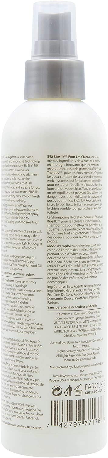 Gray BioSilk for Dogs Silk Therapy Deep Moisture Waterless Shampoo Spray, No Rinse Between-Bath Dog Grooming Spray, Sulfate and Paraben Free, pH Balanced, Made in USA, 8 Fl Oz - 2 Pack