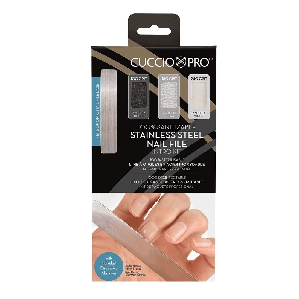 Black Cuccio Stainless Steel Nail File - Intro Kit (1 x Ergonomic Nail File) (6 x Sheets)
