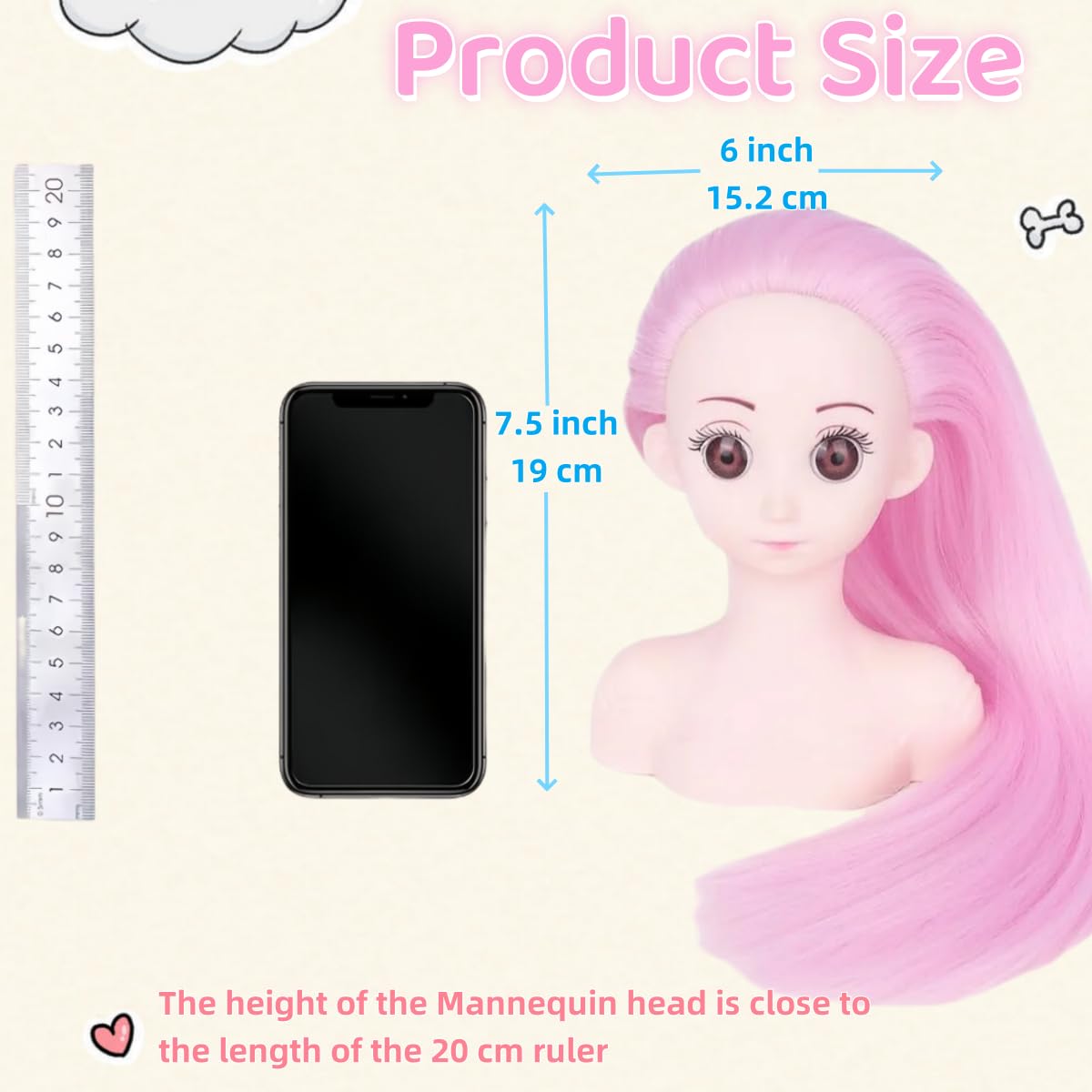 Seashell Czrleaty Training Doll Head for Hair Styling, Cosmetology Mannequin Head with Pink Hair for Kids Practice Braiding