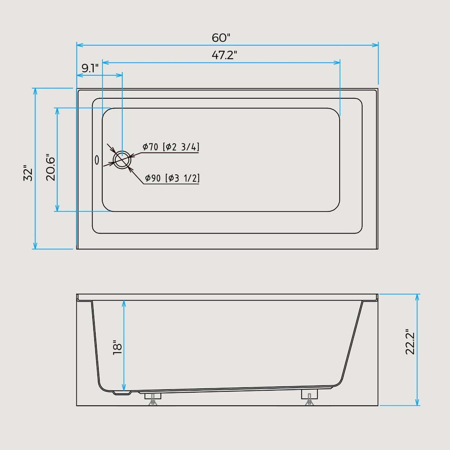 Lavender Garvee 60 x 32 Inch Acrylic Alcove Bathtub, Deep Soaking Tub with Drain and Overflow, Single Apron Alcove for Modern Bathrooms