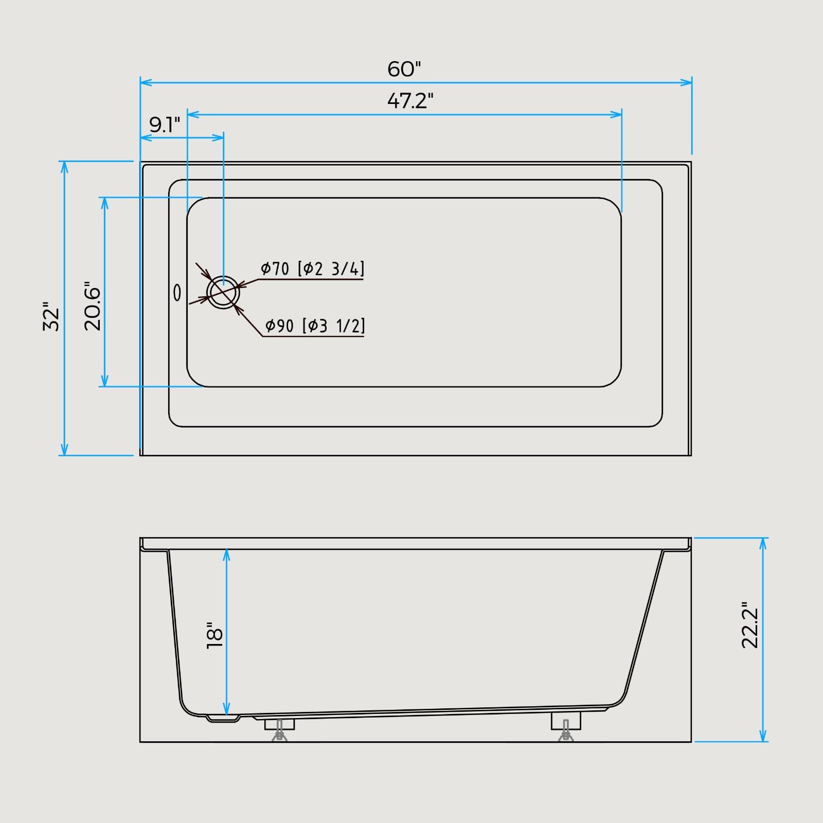 Lavender Garvee 60 x 32 Inch Acrylic Alcove Bathtub, Deep Soaking Tub with Drain and Overflow, Single Apron Alcove for Modern Bathrooms