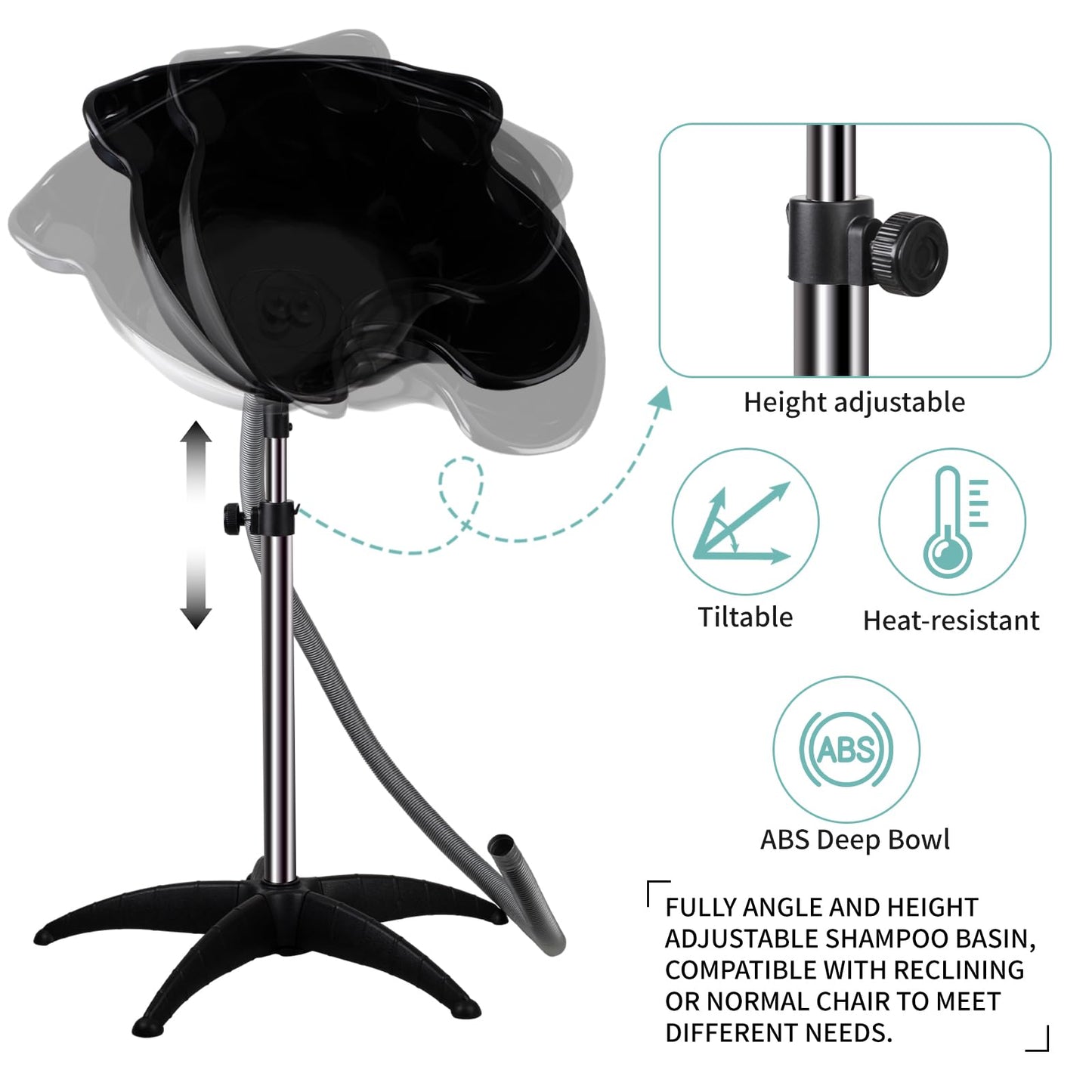 White Smoke Portable Shampoo Bowl, Shampoo Basin Salon Sink with 1.5m Drain Pipe, Height & Angle Adjustable, Standing Deep Shampoo Bowl for Home/Salon Hair Washing and Cutting, Black