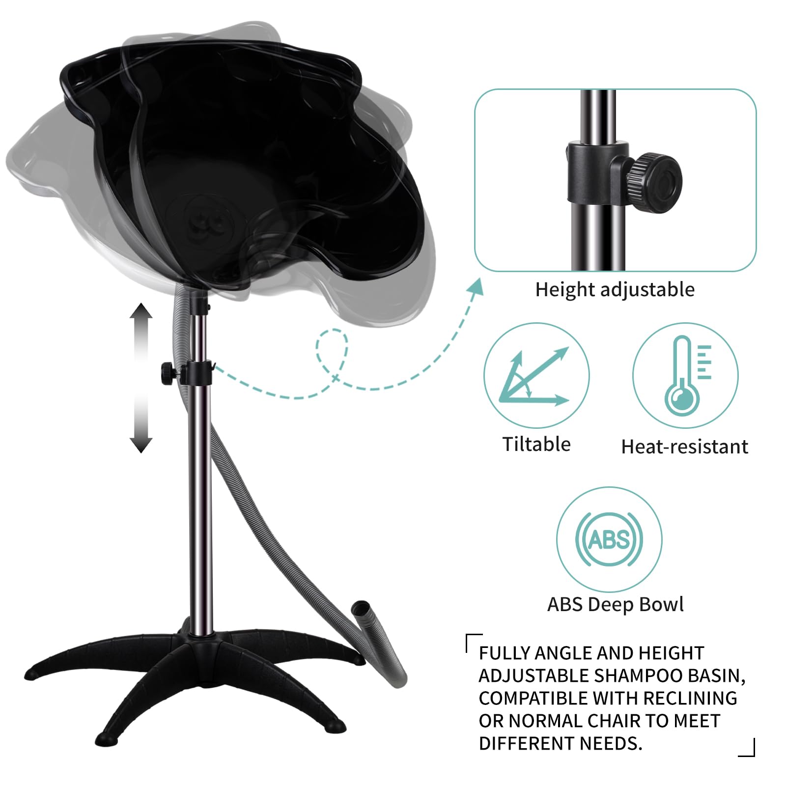 White Smoke Portable Shampoo Bowl, Shampoo Basin Salon Sink with 1.5m Drain Pipe, Height & Angle Adjustable, Standing Deep Shampoo Bowl for Home/Salon Hair Washing and Cutting, Black