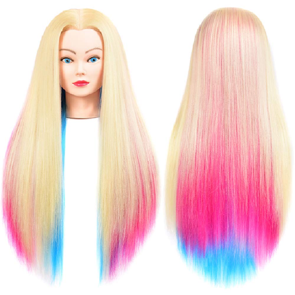 White Smoke Mannequin Head with Long Synthetic Fiber Colorful Hair Styling Training Head 26-28inch Manikin Cosmetology Doll Head Hairdressing Training Model for Cutting Braiding Practice and Free Clamp Holder