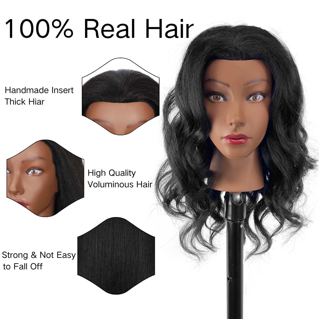 White Smoke MQHIHI Mannequin Head Human Hair with Tripod Stand, 100% Real Hair Cosmetology Manikin Doll Head for Hairdresser Practice Braiding with Tripod Set and Tools (18 Inch)
