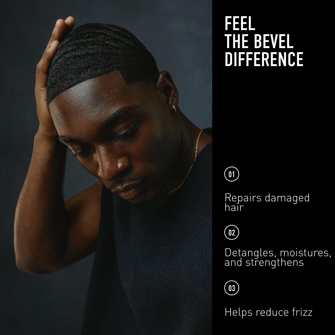 Black Bevel Leave In Conditioner for Men - Curly Hair Conditioner with Hemp Seed Oil and Biotin, Detangles Moisturizes and Strengthens Hair, 7 Oz