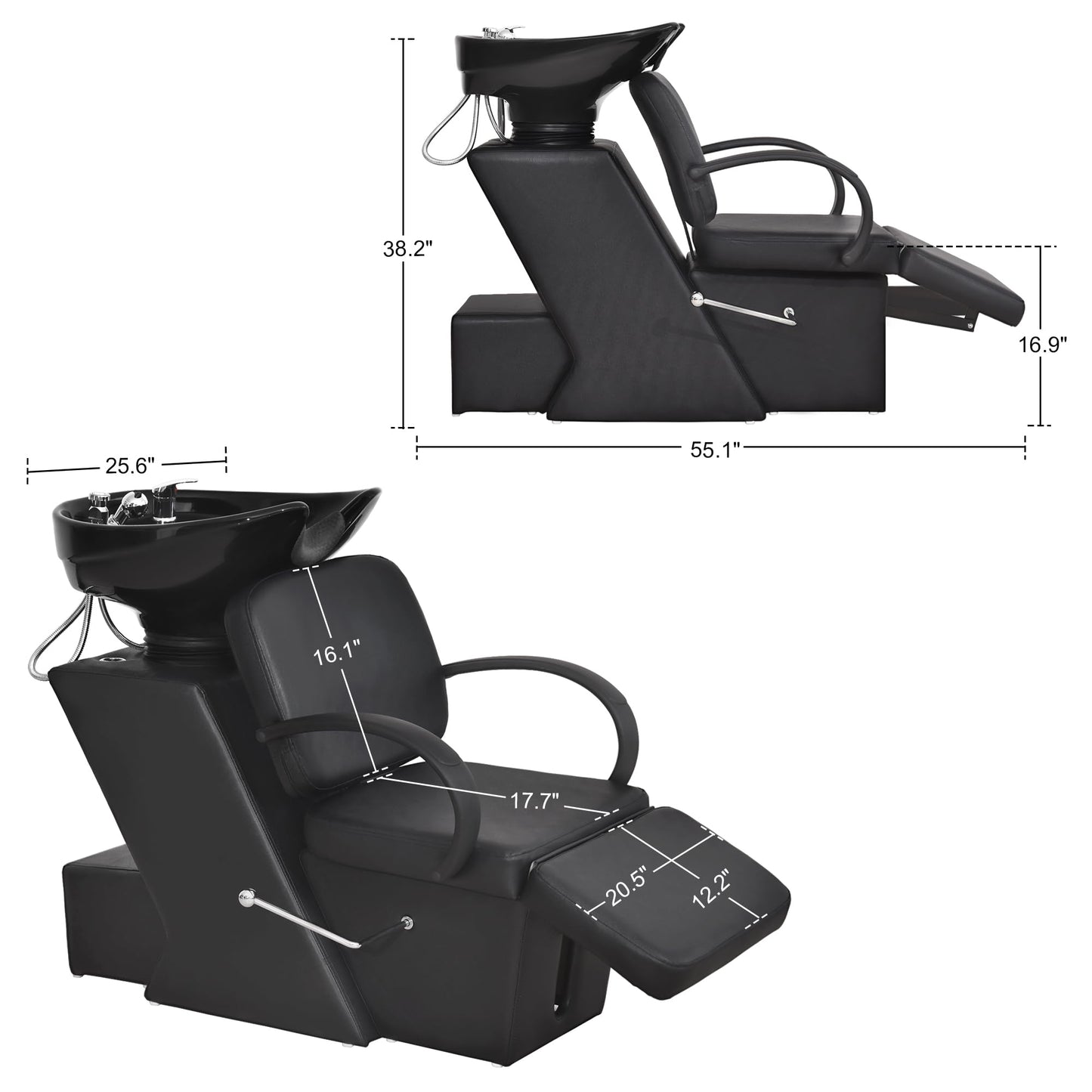 White Smoke BarberPub Ceramic Bowl Shampoo Chair, Adjustable Backwash Sink, Hair Stylist Barber Chairs for Salon Beauty Spa Tattoo Unit Station 9051
