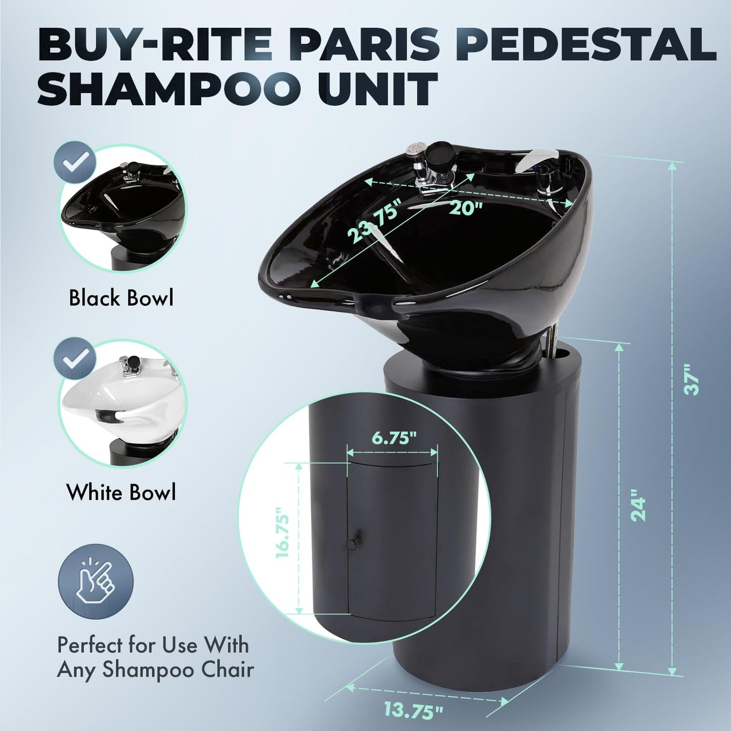 Lavender Buy-Rite Paris Pedestal Shampoo Unit - Tilting Porcelain Bowl with Black Metal Base, Silicone Neckrest, Rear Plumbing Access Door, Complete Hardware & Vacuum Breaker Included, NIN-030BLACKBASE-BLK