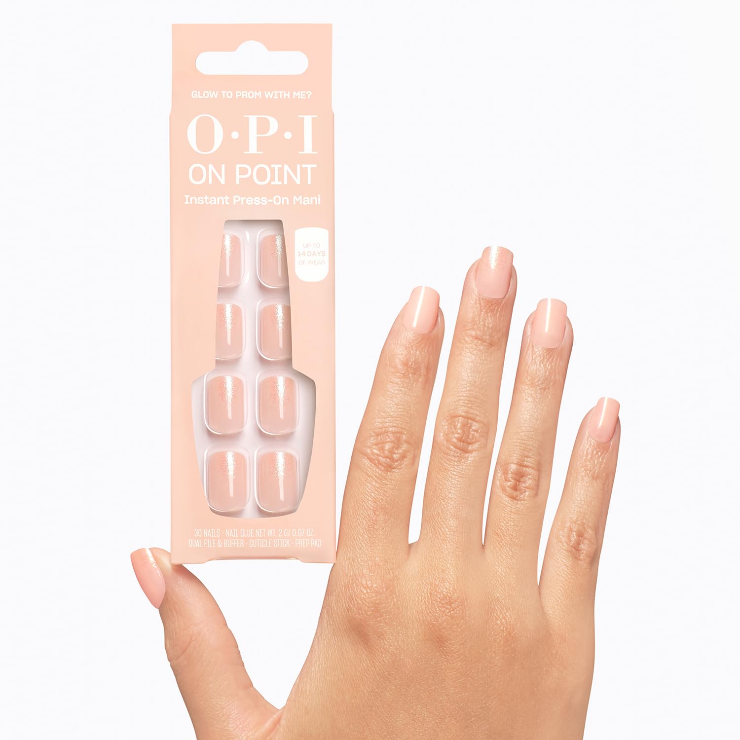 White Smoke OPI On Point Glow to Prom With Me? | Short Squoval Soft Iridescent Nude with Shimmer Press On Nails | 30 Count with Nail Glue | Long Lasting, Reusable, Non-damaging