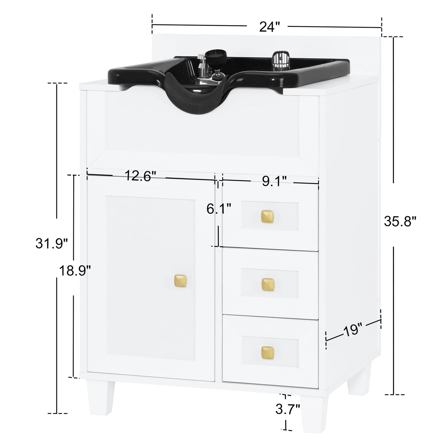 White Smoke BarberPub Barber Storage Shampoo Station, Spa Textured Embossed Cabinet with Shampoo bowl & Drawers, Hair Salon Sink Backwash Equipment 7131 (White)
